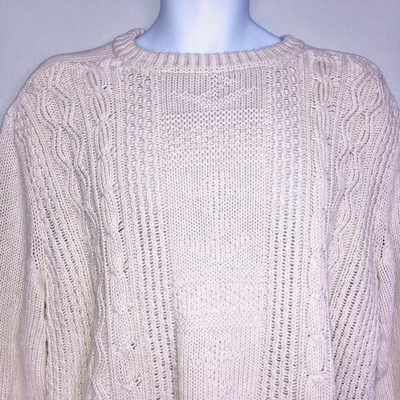 Chaps Mens L Sweater Beige Cable Knit Anchors Long Sleeve Crew Neck New - Picture 2 of 10
